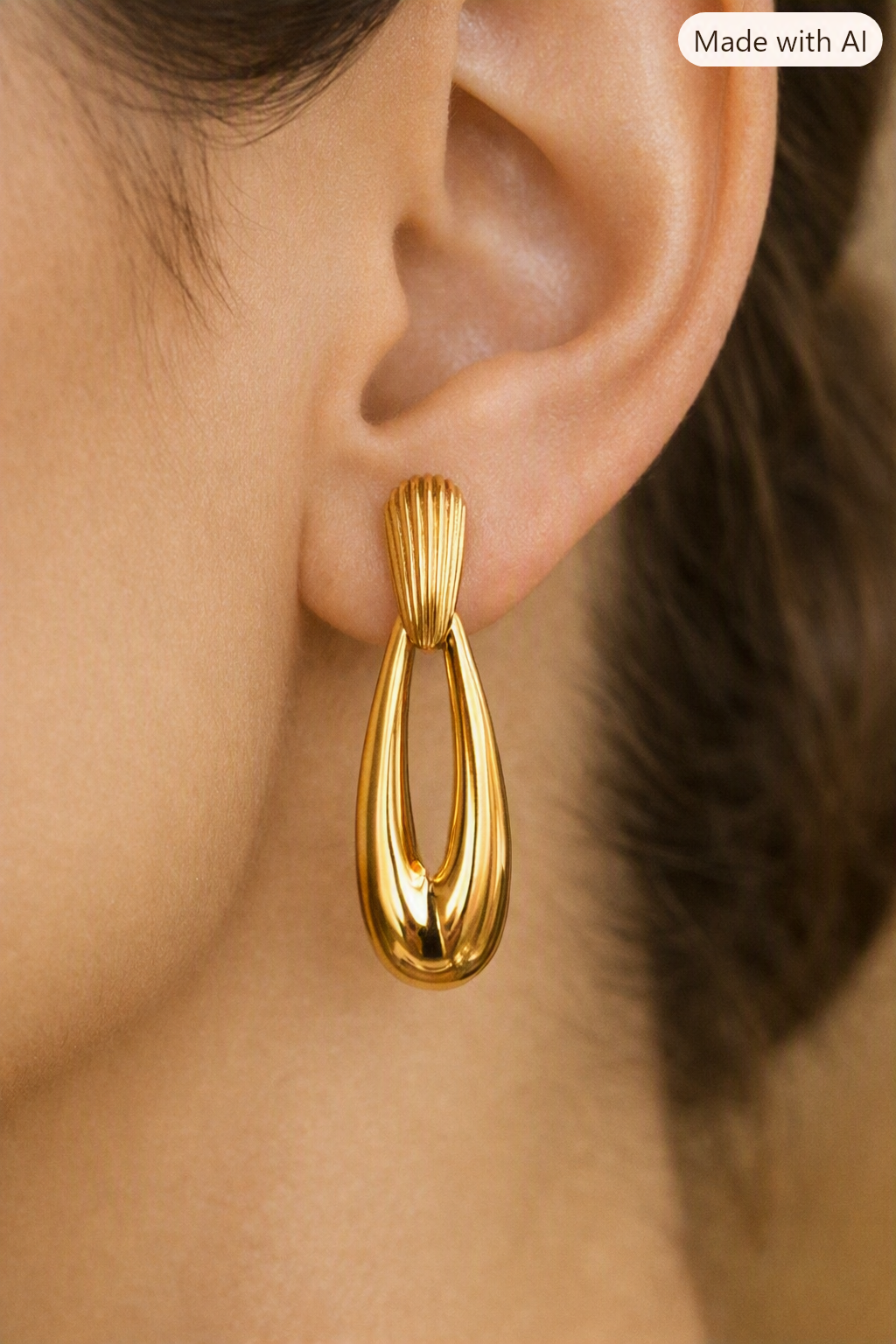 Shell Earrings 18K Gold Plated - worn on ear close-up