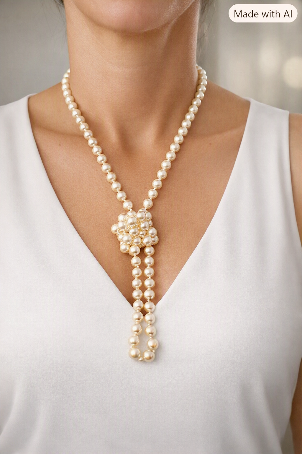 Double Strand Pearl Necklace styled as lariat knot worn with white dress