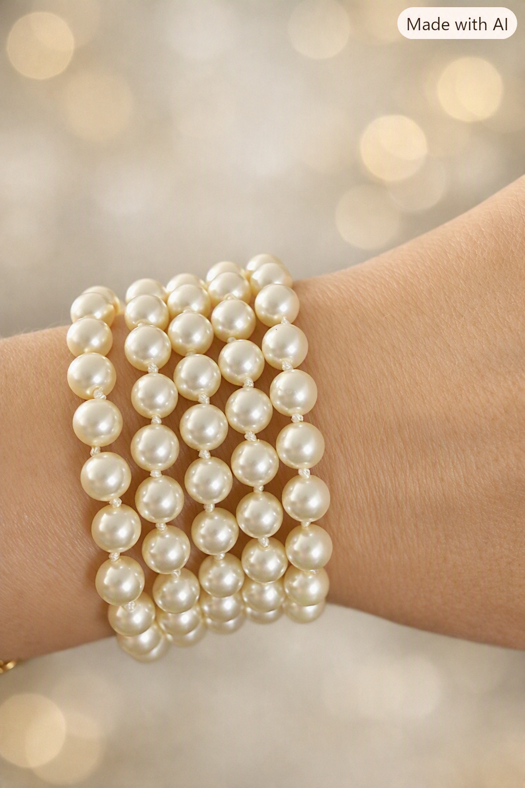 Double Strand Pearl Necklace wrapped multiple times around wrist as bracelet