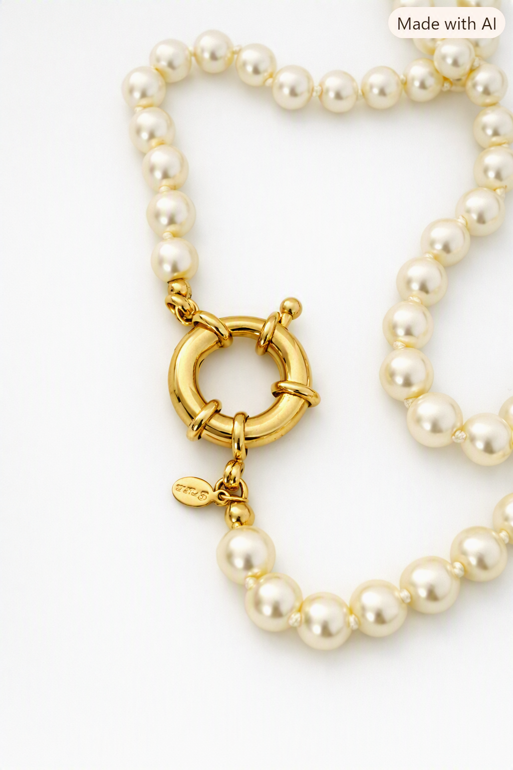 Double Strand Pearl Necklace close-up of large gold bolt ring clasp detail