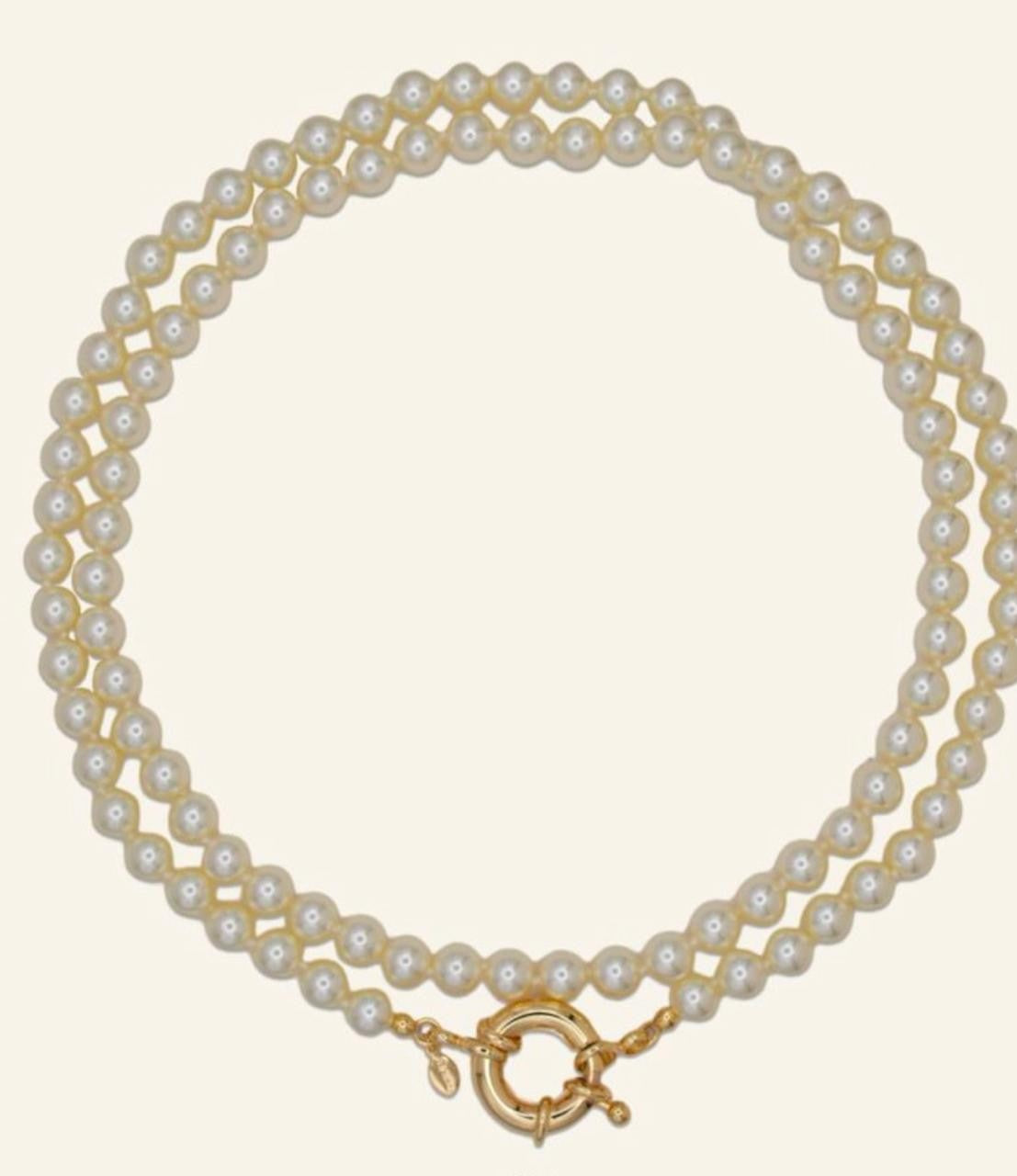 Double Strand Pearl Necklace with Large Gold Bolt Ring Clasp - 80cm