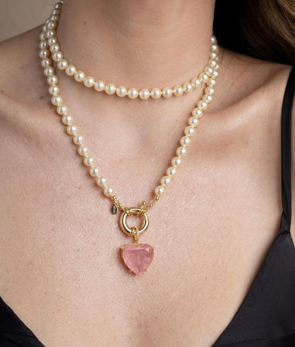Double Strand Pearl Necklace worn as double strand with gold bolt ring clasp and pink heart pendant