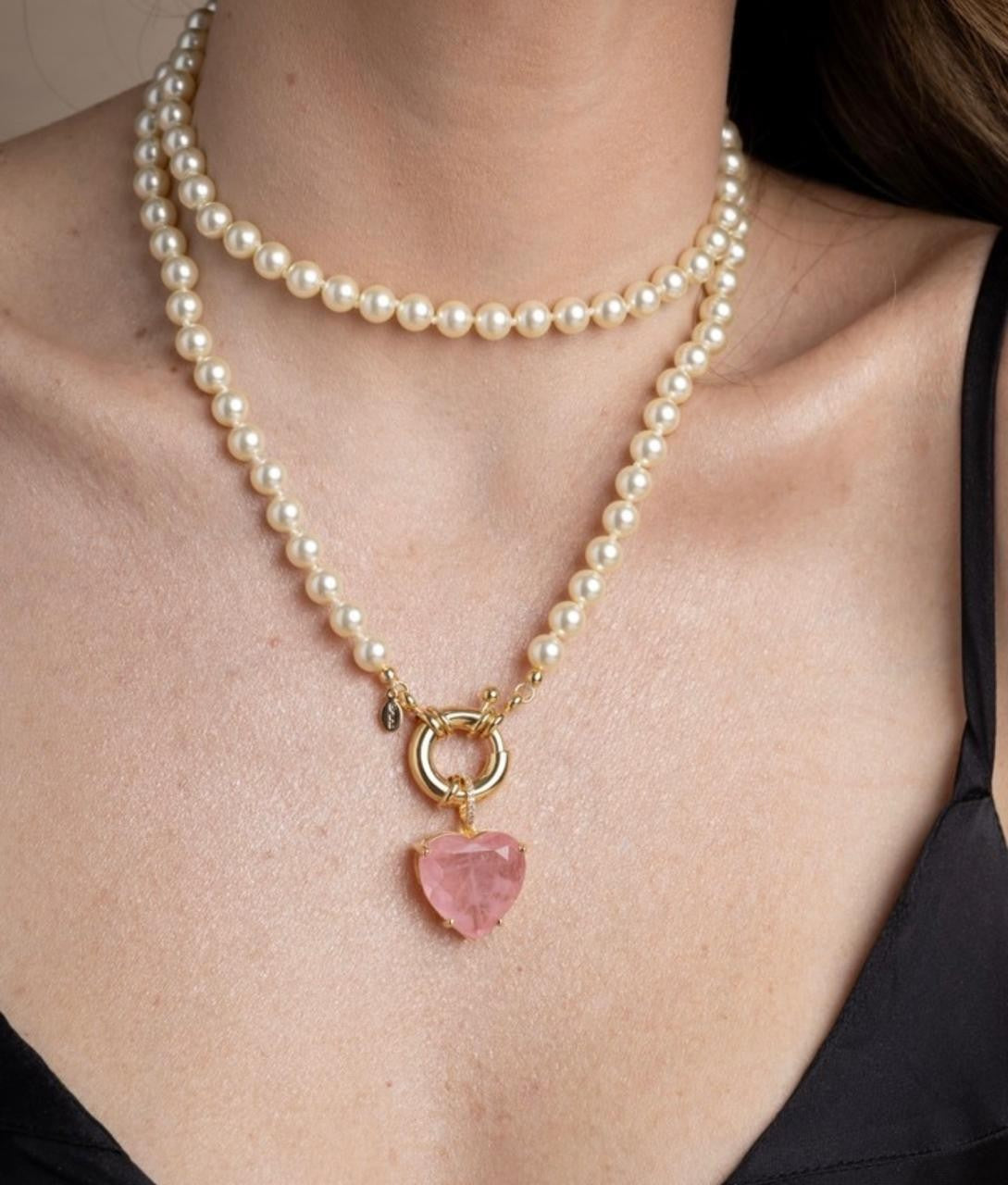 Double Strand Pearl Necklace worn as double strand with gold bolt ring clasp and pink heart pendant