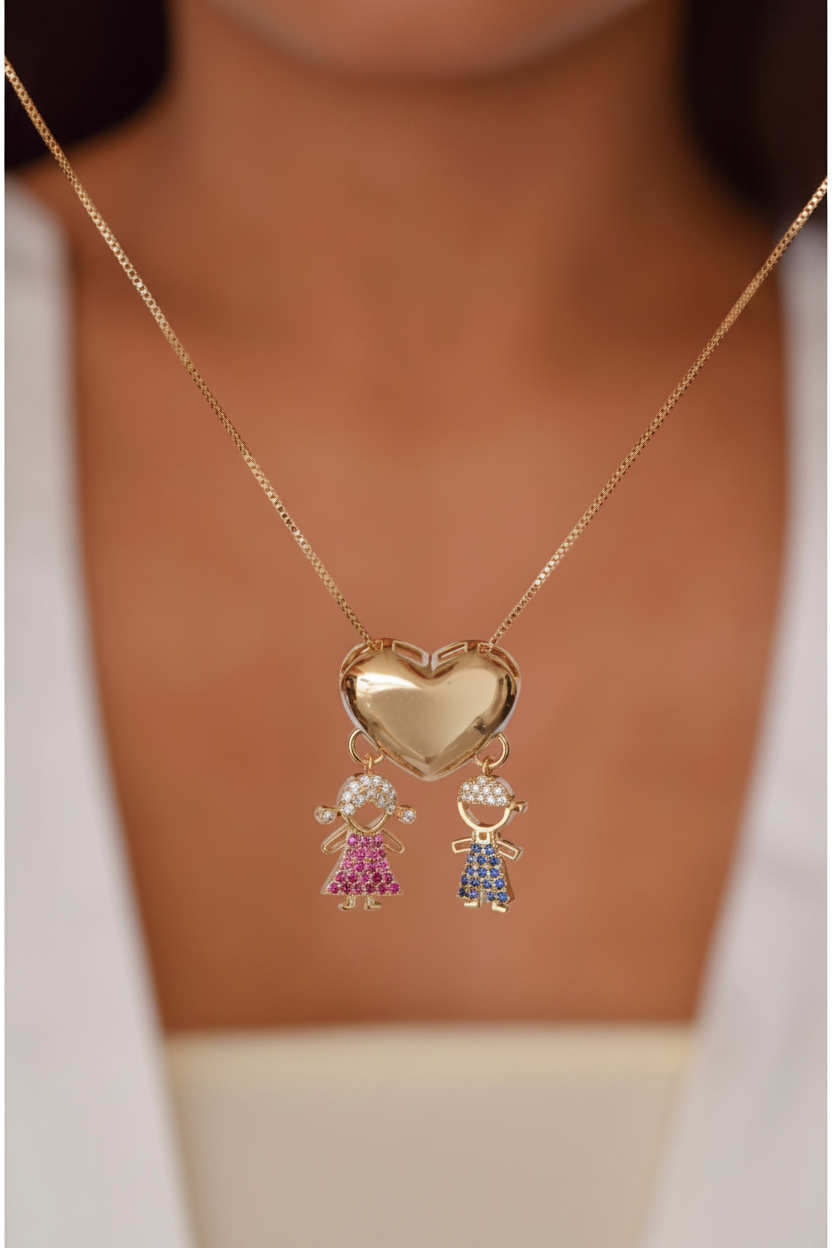 Colar Coração Rose Gold com Bonecos