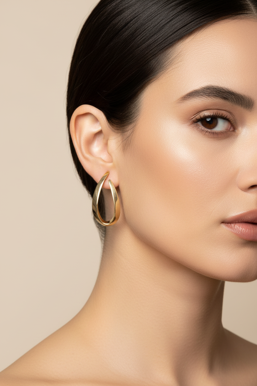 Modelo usando Brinco Argola Gota Dourado Polido