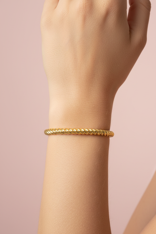 18K Gold Plated Twisted Rope Bangle Bracelet on model