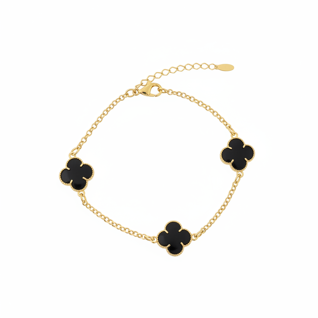18K Gold Bracelet with 3 Black Clovers - white background