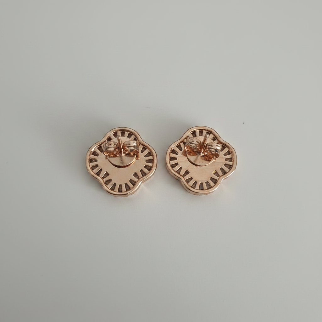 Clover Earrings Rose Gold - back view with butterfly clasp