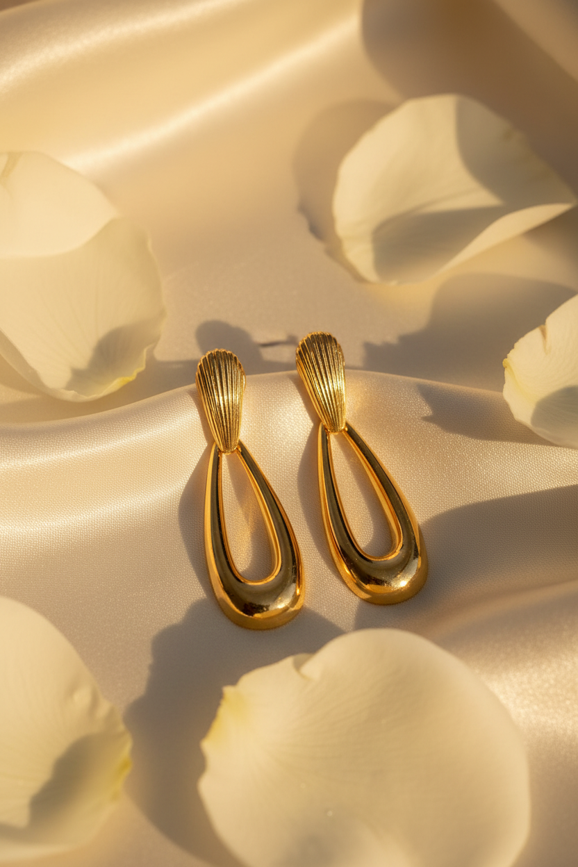 Shell Earrings 18K Gold Plated - luxury editorial photo with silk and rose petals