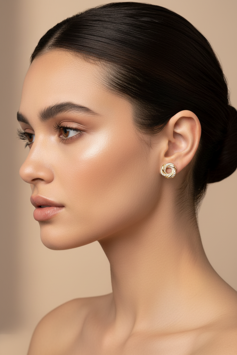 Model wearing 18K Gold Plated Round Zirconia Stud Earrings