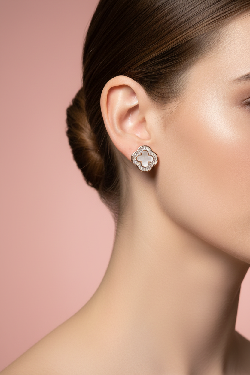Clover Earrings 18K Rose Gold Plated with Zirconia on model