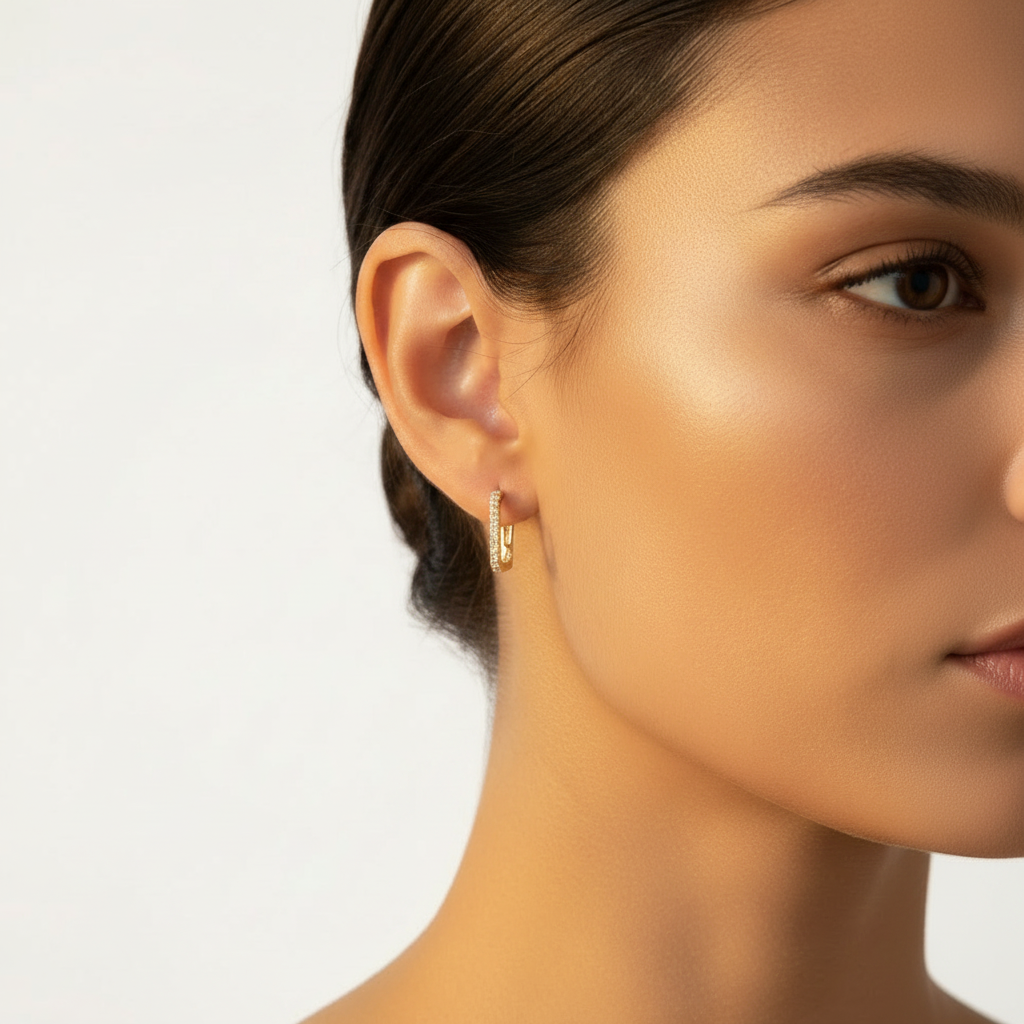 Square Zirconia Earrings close-up on model