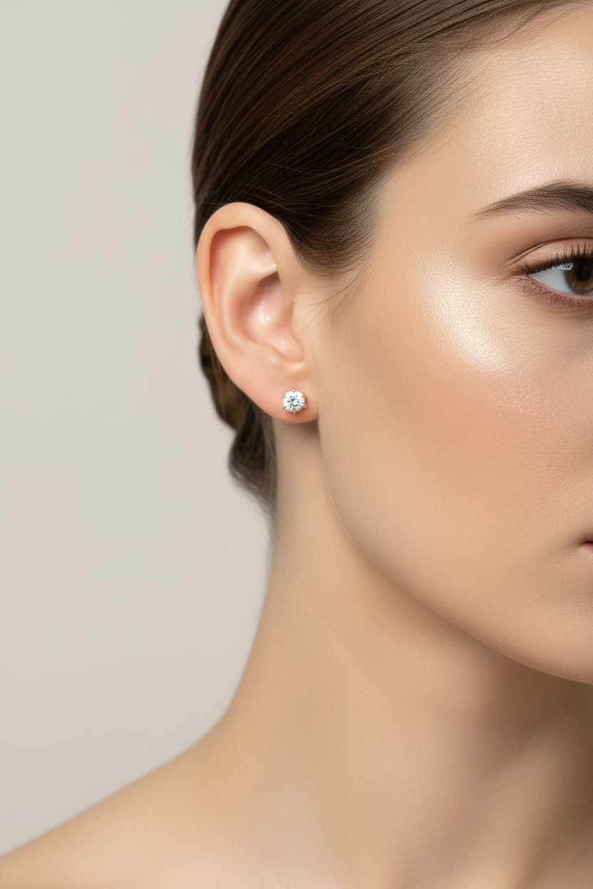 Small 18K gold plated zirconia stud earring on female model