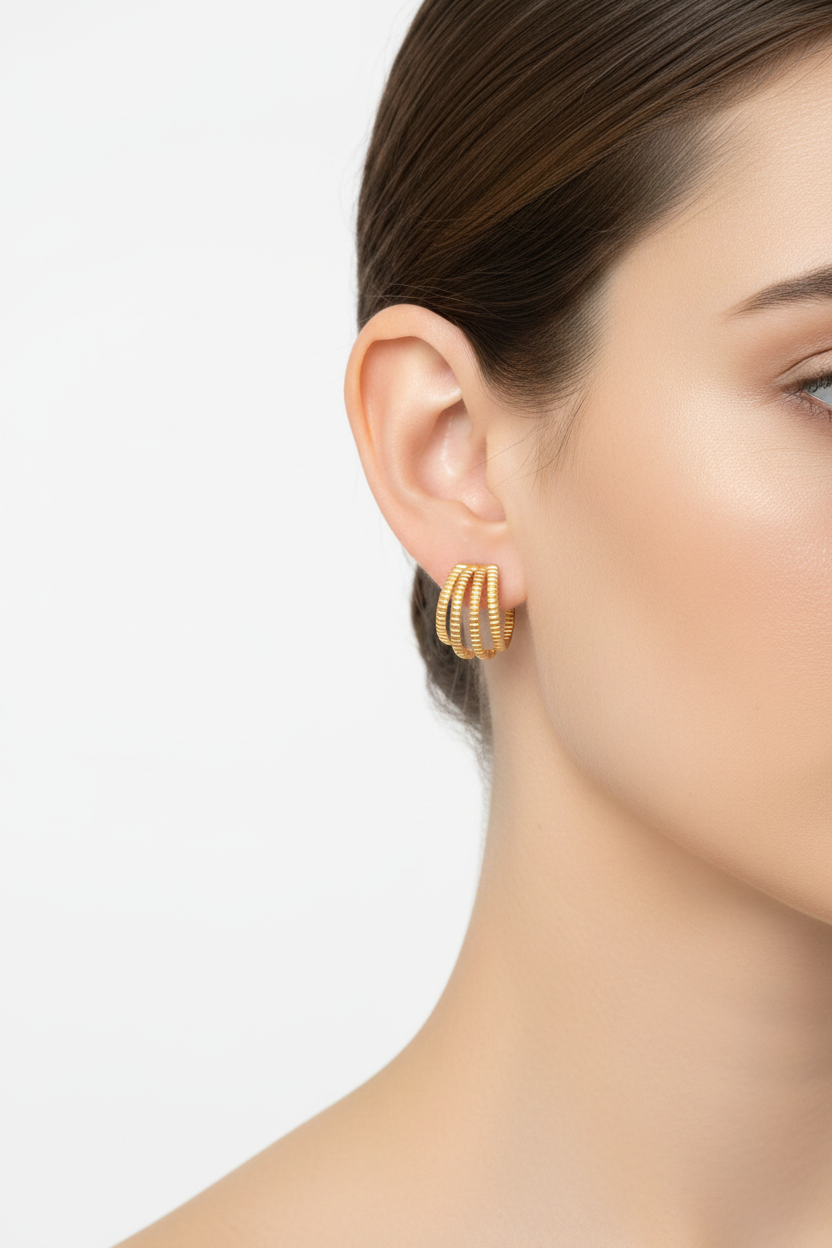 18K Gold Plated Multi-Band Huggie Hoop Earring on model