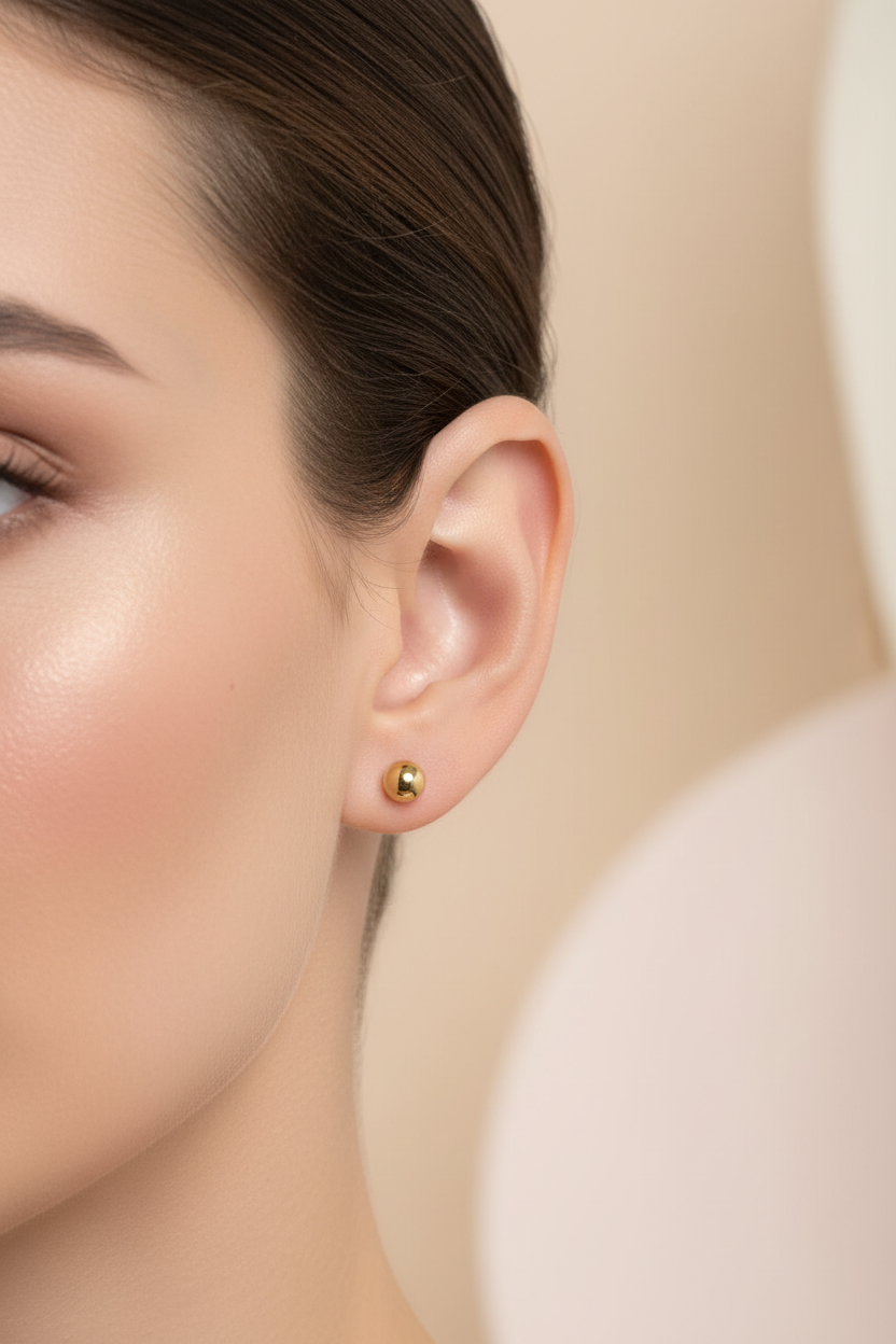 Gold ball stud earring on model - editorial