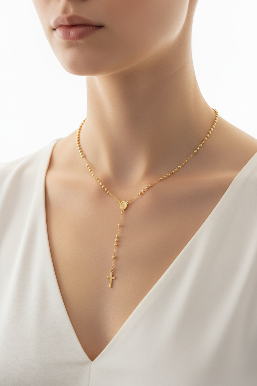 Our Lady Rosary Necklace on model