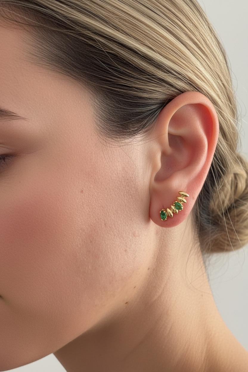 Model close-up wearing 18K Gold Plated Ear Cuff
