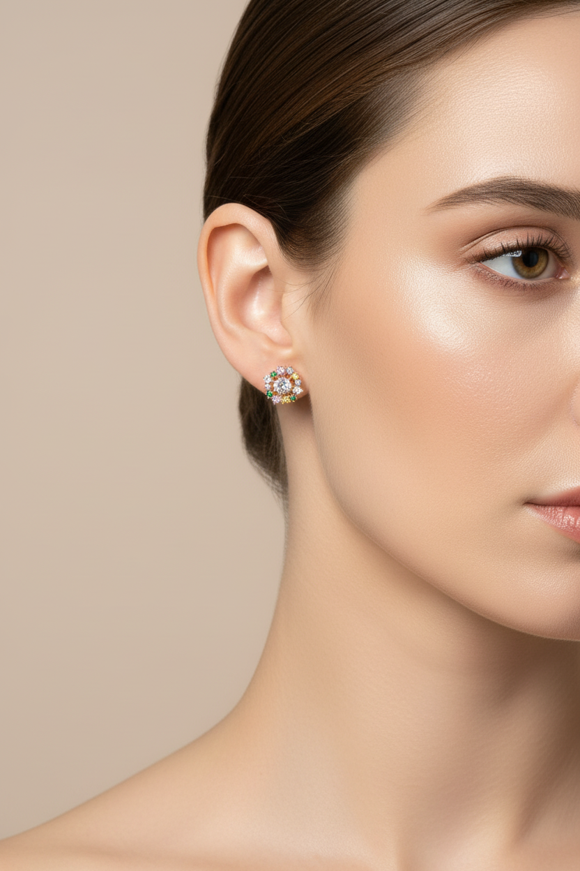 Brinco flor de zircónias coloridas folheado a ouro 18K numa modelo