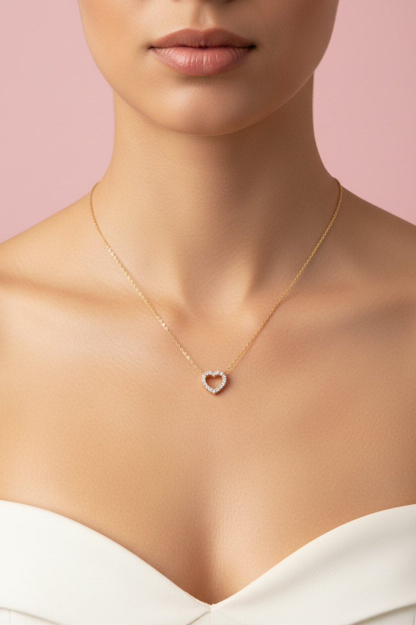 Heart Zirconia Pendant Necklace 18K Gold Plated on model