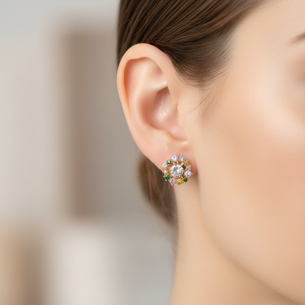 Brinco flor de zircónias coloridas folheado a ouro 18K