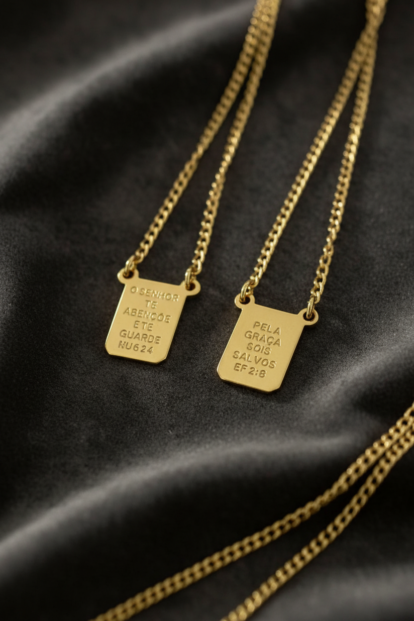 Escapulário Corrente Fina Grumet - placas douradas em fundo elegante
