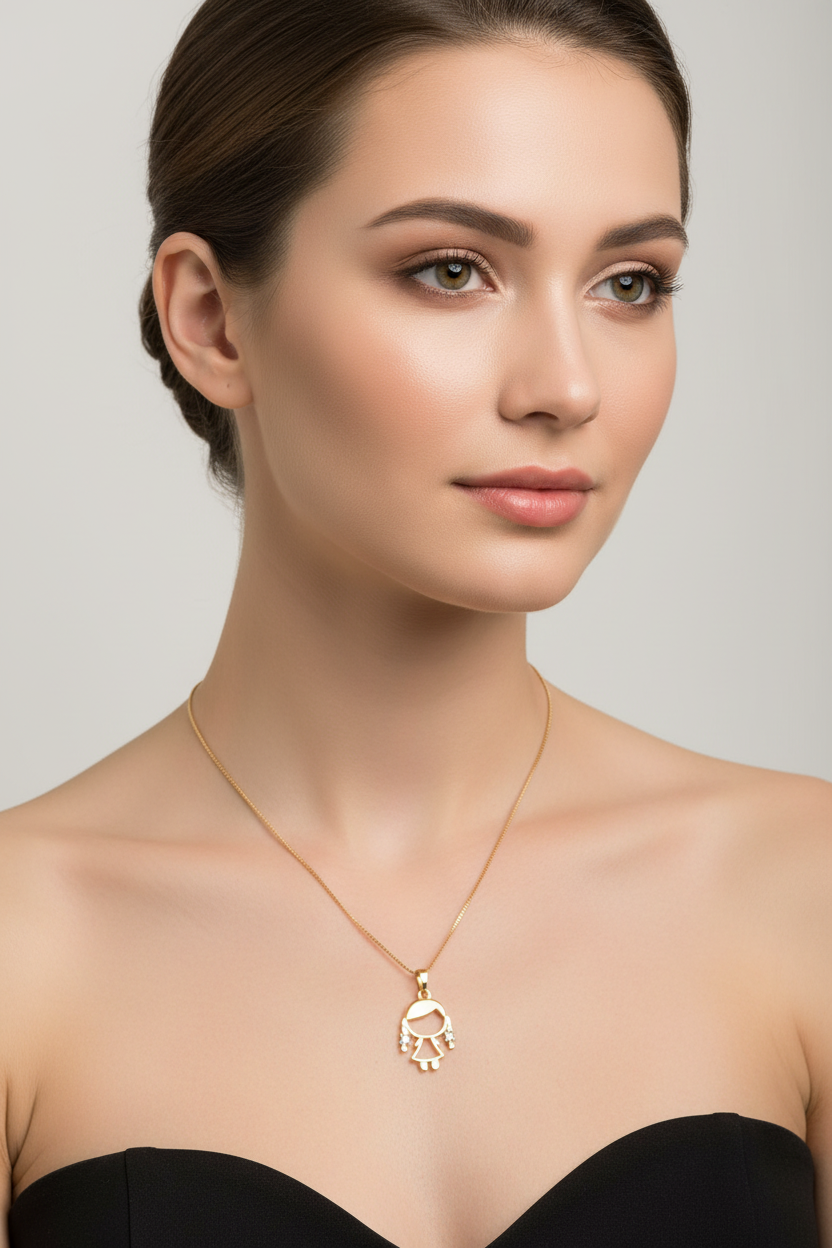 Model wearing Little Girl Pendant Necklace – 18K Gold